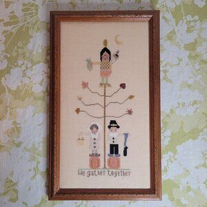 Thanksgiving Fall Indians and Pilgrims Vintage Cross Stitch Framed Art